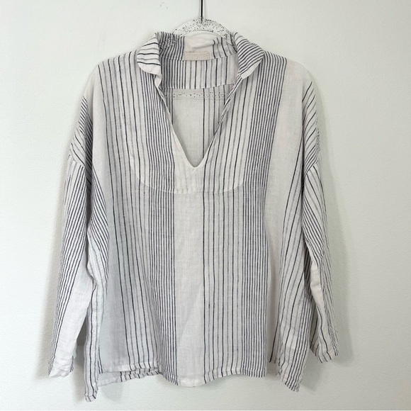 CP Shades Womens  Linen Top S Tunic White Blue Stripe Lagenlook Boho Relaxed - Picture 1 of 8